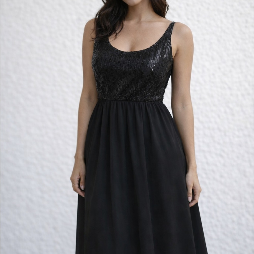 Black Sequin Scoop Neck Evening Dress